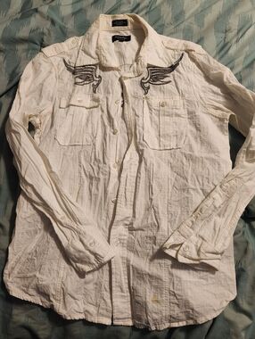 Eighty Eight Y2K  White Button Up Shirt With Graphic Design Front & Black Medium